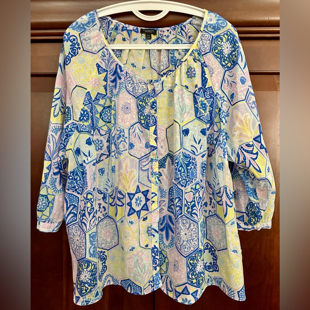 Talbots Blue, Purple, & Yellow Graphic Button-up Blouse Relaxed Fit